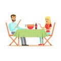 Happy couple enjoying barbeque, cheerful man and woman characters at a picnic vector Illustration Royalty Free Stock Photo