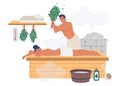 Happy couple enjoying steam bath, sauna, flat vector illustration. Spa resort, steam room, bathhouse therapy.