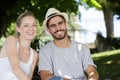 happy couple in forest Royalty Free Stock Photo