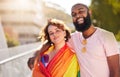 Happy couple, friends and portrait smile for gay, bisexual or LGBTQ pride with rainbow flag in a city. Proud man and