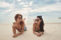 Lovers young couple of girls. On the beach . Concept of LGBT Royalty Free Stock Photo