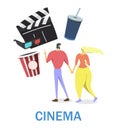 Happy couple going to cinema holding hands, flat vector illustration. Entertainment industry. Romantic date. Royalty Free Stock Photo