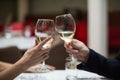 Happy couple have a romantic date in a fine dining restaurant they drink wine and clinking glasses Royalty Free Stock Photo