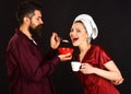 Happy Couple having breakfast. Coffee in morning. Husband and wife together. Relationship, love, romantic, lifestyle Royalty Free Stock Photo