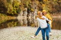 Happy couple having first date at nature. Fashion, people, lifestylea and autumn love