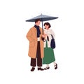 Happy couple hiding under umbrella from rain. Man in coat holding parasol, woman with bag standing under brolly. People