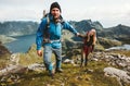 Happy Couple hiking in Norway mountains love and travel