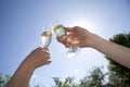 Happy couple holding champagne glasses and raising them against a clear blue summer sky Royalty Free Stock Photo