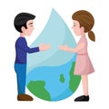 Happy couple holding a drop of water with an earth globe Vector Royalty Free Stock Photo