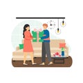 Happy couple holding giant gift box, flat vector illustration.