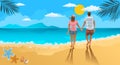 Happy Couple Holding Hands Walking along Seaside on sunset. Love, Relations, Loving Pair on Beach, Summer holiday vacation concept Royalty Free Stock Photo