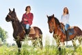 Happy couple horseback riding in flowery meadows Royalty Free Stock Photo