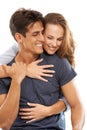 Happy couple, hug and love in embrace, care or compassion for trust against a white studio background. Handsome man and Royalty Free Stock Photo