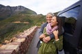 Happy couple, hug and road trip with love for bonding, holiday or weekend together by car in nature. Young man and woman Royalty Free Stock Photo