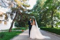 Happy couple hugging and hanging out in the park. The bride in a black suit with a bow tie and a bride in a beautiful Royalty Free Stock Photo