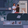 Happy couple hugging and talking after romantic dinner at home in the evening vector flat illustration. Smiling beloved Royalty Free Stock Photo