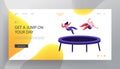 Happy Couple Jumping on Trampoline Website Landing Page, Fitness Center, Studio, Attraction, Leisure, Sports Acrobatics Training Royalty Free Stock Photo