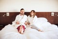 Happy couple just arrived at a hotel Royalty Free Stock Photo