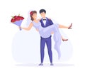 Happy couple just married in bridal apparel. Smiling bridegroom carrying bride with flowers bouquet