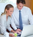 Happy couple, laptop and apple for breakfast, healthy meal or morning nutrition in kitchen at home. Man and woman on Royalty Free Stock Photo