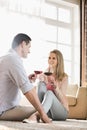 Happy couple looking at each other while having red wine at home Royalty Free Stock Photo