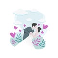 Happy couple in love with cute cartoon drawing wearing wedding dress. Romantic character kissing vector illustration