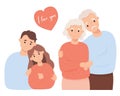 Happy couple in love. Cute pair young people and enamored old, aged man and woman elderly. Vector Flat cartoon style Royalty Free Stock Photo