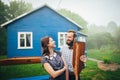 Happy couple in love enjoying near house Royalty Free Stock Photo