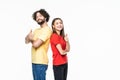 happy couple love excited smiling holding thumb up gesture, isolated over white background Royalty Free Stock Photo