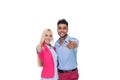 Happy Couple Love Excited Smiling Point Finger At You Gesture, Beautiful Young Man And Woman Smile