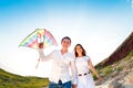 Happy couple in love with flying a kite on the beach Royalty Free Stock Photo