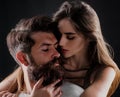 Happy couple in love having fun. Lovers intimacy and tenderness in love. Romantic portrait of a sensual couple in love