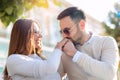 Happy couple in love having fun outdoors