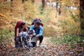 Happy couple in love at hiking trail with their pet Royalty Free Stock Photo