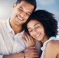 Happy couple, love and hug outdoor with a smile, care and happiness together in nature. Closeup and face of a young man Royalty Free Stock Photo