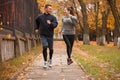 A couple playing sports running in the autumn park. Outdoors.