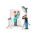 Happy couple in love posing in photo studio, photographer making photos, white background with lights and camera vector