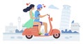 Happy couple in love riding motor scooter, vector illustration. Summer holidays, romantic vacation.