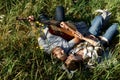 Happy couple in love on a romantic date at the park on a picnic. Playing on a guitar and having fun outdoors. Top view Royalty Free Stock Photo