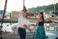 Happy couple in love on a summer holiday vacation.Celebrating holiday,anniversary,engagement. Woman laughing at a joke Royalty Free Stock Photo