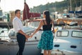 Happy couple in love on a summer holiday vacation.Celebrating holiday,anniversary,engagement. Woman laughing at a joke