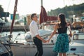 Happy couple in love on a summer holiday vacation.Celebrating holiday,anniversary,engagement. Woman laughing at a joke