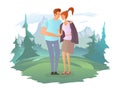 A happy couple in love is walking on the background of a mountain landscape. A man and a woman on a date. Relationships