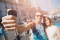 Happy couple lover tourist taking selfie photo on background fountain Four rivers in Piazza Navona, Rome Italy Royalty Free Stock Photo