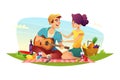 Happy couple of lovers has a picnic on nature. Design of cartoon characters.