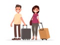 Happy couple with luggage on white background. A man and a woman