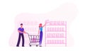 Happy Couple Making Purchases in Store Woman Taking Products from Shop Shelf Man Pushing Shopping Cart. Family Buying Food Royalty Free Stock Photo