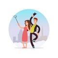 Happy couple making selfie. Cartoon character man and woman making photo