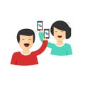 Happy couple man and woman holding mobile phones in hands with chatting Royalty Free Stock Photo