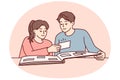 Happy couple man and woman looking at family photo album with pictures sits at table. Vector image Royalty Free Stock Photo